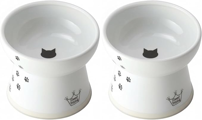 Necoichi Raised Cat Food Bowl – Ceramic Elevated Cat Bowl for Whisker & Neck Fatigue, Dishwasher Microwave Safe – Non-Slip & Anti Vomiting Ergonomic Design (Cats, Large) (Pack of 2)