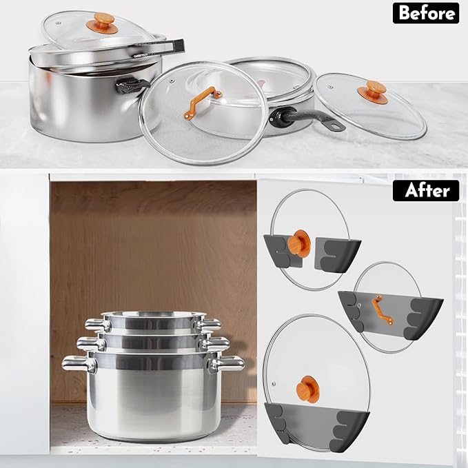 Universal Adjustable Pot Lid Holder Organizer for Cabinet - Upgraded Patented Niceyos 8 Pack Pan Lids Organizers Inside Cabinet Door Wall Mount Pots Top Rack for Kitchen Cupboard Fit 6" to 13" (Black)