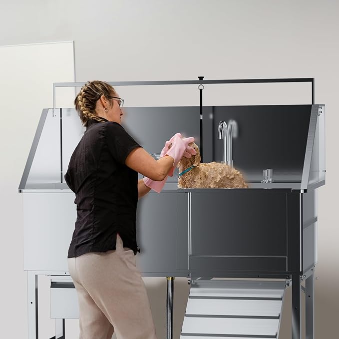 56" Professional Dog Washing Station, 304 Stainless Steel Pet Grooming Tub with Removable Ramp, 1.0mm Thick Anti-Rust Bath Tub, Adjustable Height & Detachable Faucet Kit for Dogs & Cats(Right Ramp)