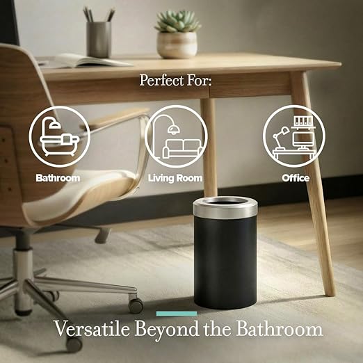 Gatco Small Bathroom Trash Can with Lid, Round 3 Gallon Stainless Steel Wastebasket, Under Sink, Matte Black and Satin Nickel, for Bathroom, Bedroom, Office (1912SN)