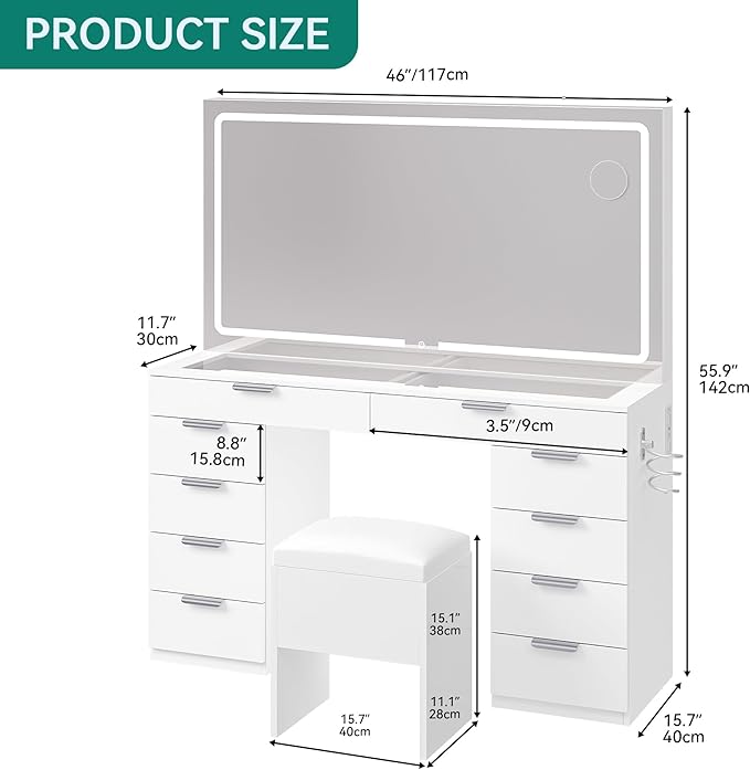 YITAHOME Vanity Desk with Lighted Mirror and Power Outlets, Makeup Vanity Table with Stool with Hidden Storage, 10 Drawers, Tempered Glass Top, 3 LED Colors, Makeup Table Home Furniture