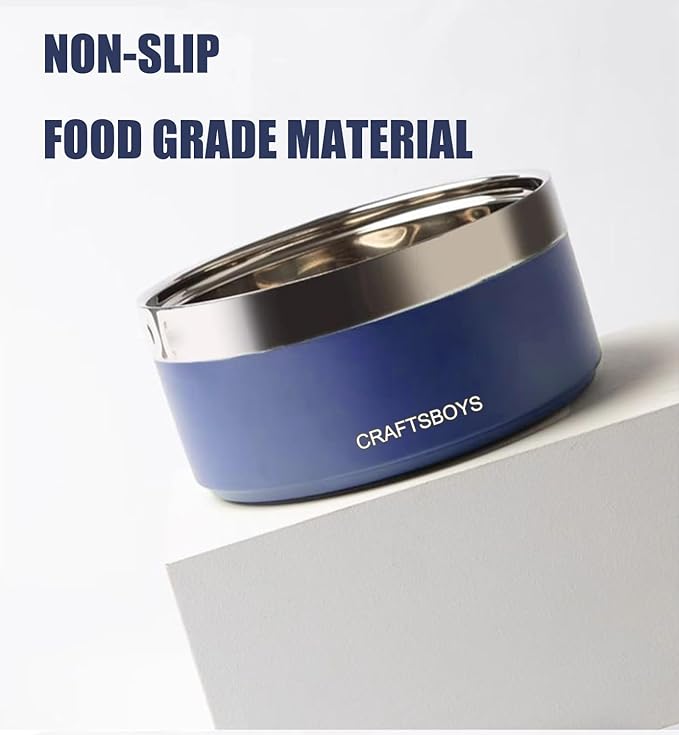 Dog Bowl, Dog Food Water Bowl with Non-Slip Rubber Base, Stainless Steel, Double Wall Small Medium Large Dogs, 32oz, Pack of 2 (Grey)