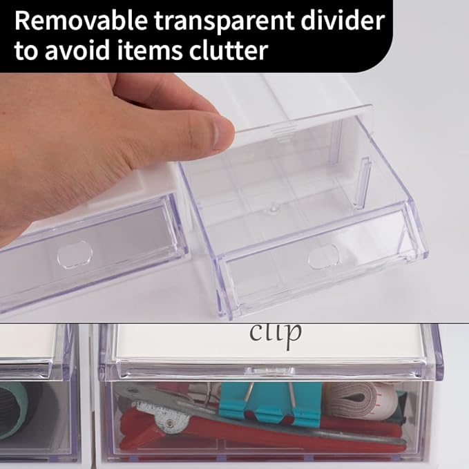 12 Pcs Drawer Stackable Storage Cabinet, White Plastic Organizer with Drawers & 36 Pcs Clear Dividers Organizer Rack & 48 Pcs Tag Card & 24 Pcs Non-slip Stickers for Home Office School