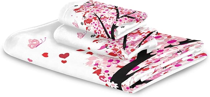 Pfrewn Pink Flowers Heart Tree Towels Set of 3 Romantic Love Spring Trees Butterfly Bathroom Towel Soft Absorbent Bath Hand Towels Washcloth Guest Towel Sets Mother's Valentine's Day Decorations