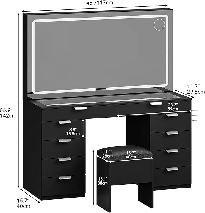 DWVO Vanity Desk Set with LED Mirror, Magnifying Glass & Charging Station, 46" Makeup Table with 10 Drawers, Hair Dryer Holder & Storage Stool