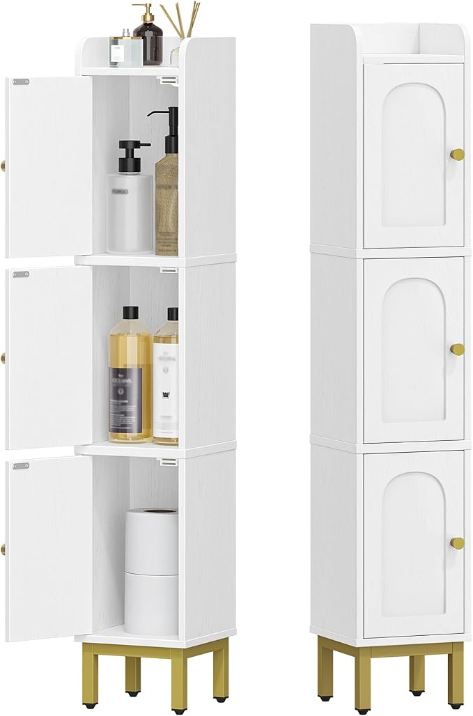Slim Bathroom Storage Cabinet, Narrow Bathroom Organizers and Storage with 4 Adjustable Feet, Laundry Room Organization for Small Space, Kitchen, Living Room, 3 Doors White BC22313G