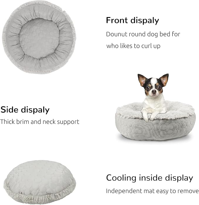HACHIKITTY Dog Donut Round Calming Bed, Fluffy Dog Bed for Medium Large Dogs, Cooling Warming Soft Dog Cushion Bed, Double Sided Available Dog Bed with Warm & Cool Sides(30"x30"x9", Grey)