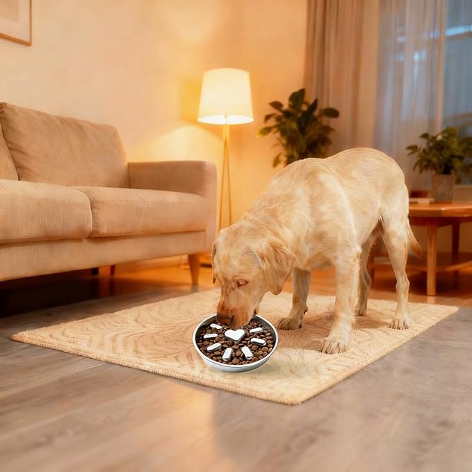 Medium Stainless Steel Slow Feeder Pet Bowls-Non-Slip Stainless Steel Bowl,4-Cup Capacity Slow Feeder to Prevent Indigestion,Dishwasher Safe,Comes with Spatula & Pastry Brush (Heart)