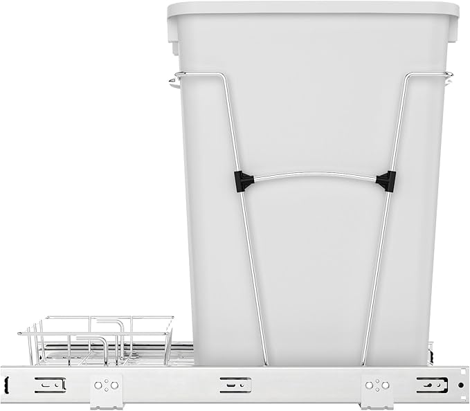 Rev-A-Shelf Pullout Trash Can for Kitchen Cabinets 35 Quart Garbage Waste Recycling Bin with Full Extension Slides, White, RV-12KD-11C