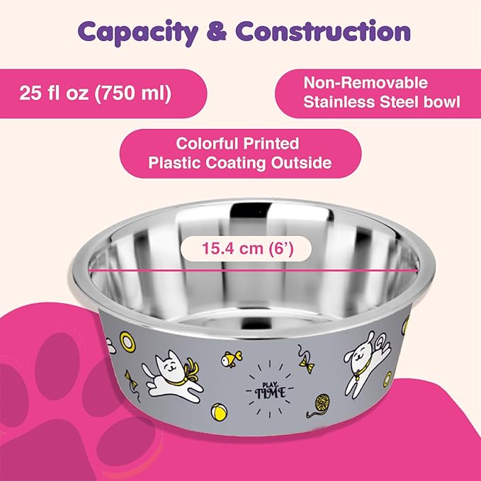 Stainless Steel Dog Bowls | Cat Bowls (Set of 1) - Anti Skid Dog Water Bowl | Cat Water Bowl - Dishwasher Safe - 25oz / 750ml – 15.4 cm (Rhino Gray Playtime Print)