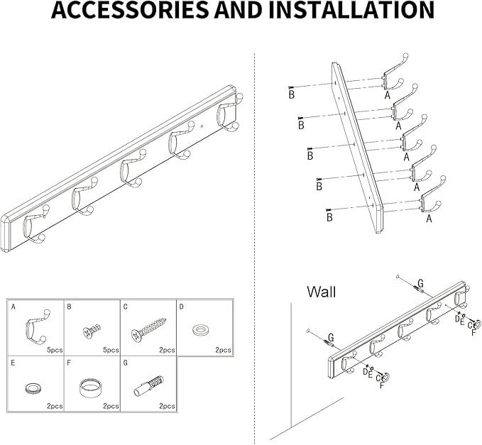 Badiano Wooden Coat Rack, Wall-Mounted Organizer for Closet, Entryway, Hallway, Foyer, Bedroom, Heavy Duty Double Hooks for Hanging Towels, Bags, Hats, Jackets, Key (Black, 5 Hooks)