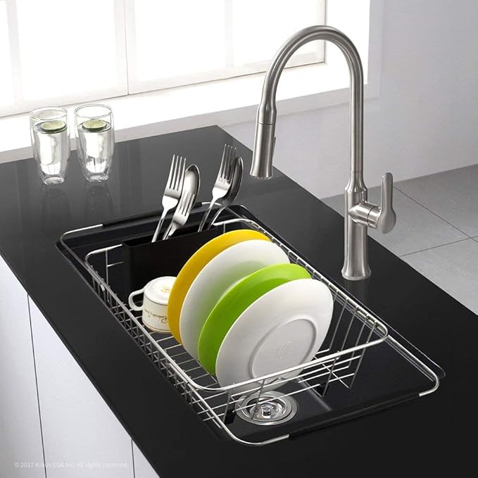 SANNO Expandable Pull Out Cabinet Shelf, Under Sink Slide Out Organizer, Pots Pans Kitchen Organizer Basket Expandable Dish Drying Rack,Stainless Steel Dish Rack Dish Drainer Rack
