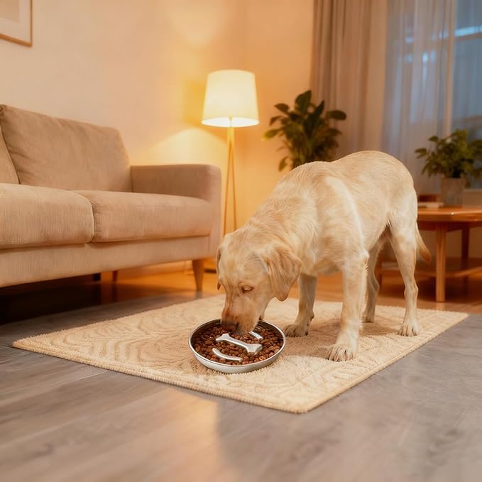 Medium Stainless Steel Slow Feeder Pet Bowls-Non-Slip Stainless Steel Bowl,4-Cup Capacity Slow Feeder to Prevent Indigestion,Dishwasher Safe,Comes with Spatula & Pastry Brush (Bone)