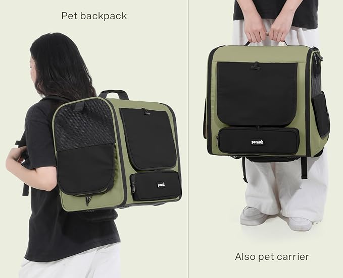 Pecute Cat Carrier Backpack Pet Carrier Backpack Widen Large Space, Stable Pet Backpack for Cat Small Dog, Ventilated Pet Backpack Miniature Dachshund Bag Suitable for Hiking, Camping Dark Green