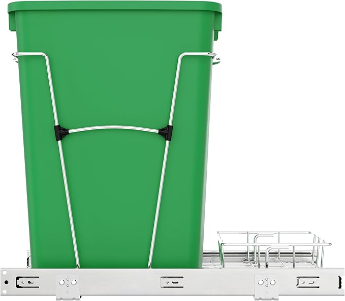 Rev-A-Shelf Pullout Trash Can for Kitchen Cabinets 35 Qt Garbage Waste Recycling Bin with Full Extension Slides, Green, RV-12KD-19C-S