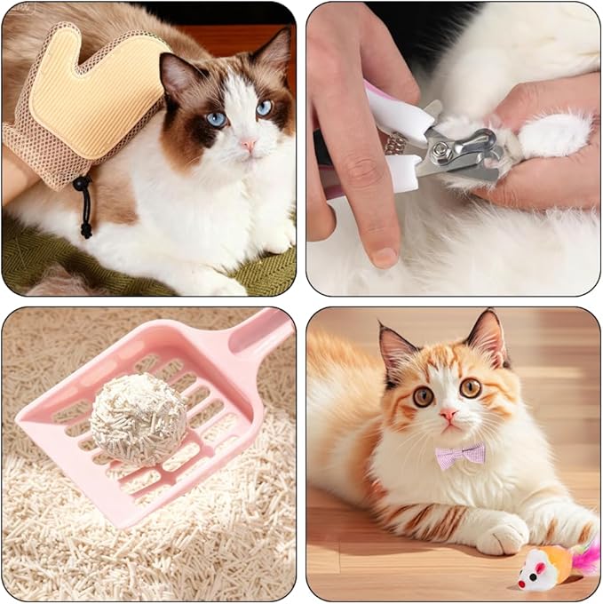 Kitten Starter Kit - 16 Pcs Cat Essentials Set Includes Litter Box, Toys, Collars, Scratch Pad, Nail File, Automatic Feed Bowls, Grooming Gloves (Pink, 16 Pcs)
