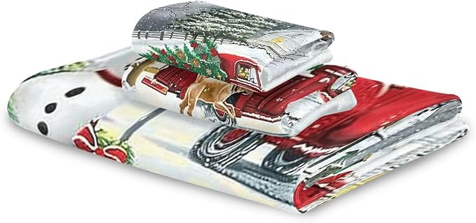 Pfrewn Red Xmas Tree Truck Winter Snowflake Dog Towels Set of 3 Christmas Winter Bathroom Towel Soft Absorbent Bath Hand Towels Washcloth Guest Towel Sets Merry Christmas Xmas Bathroom Decor Gifts
