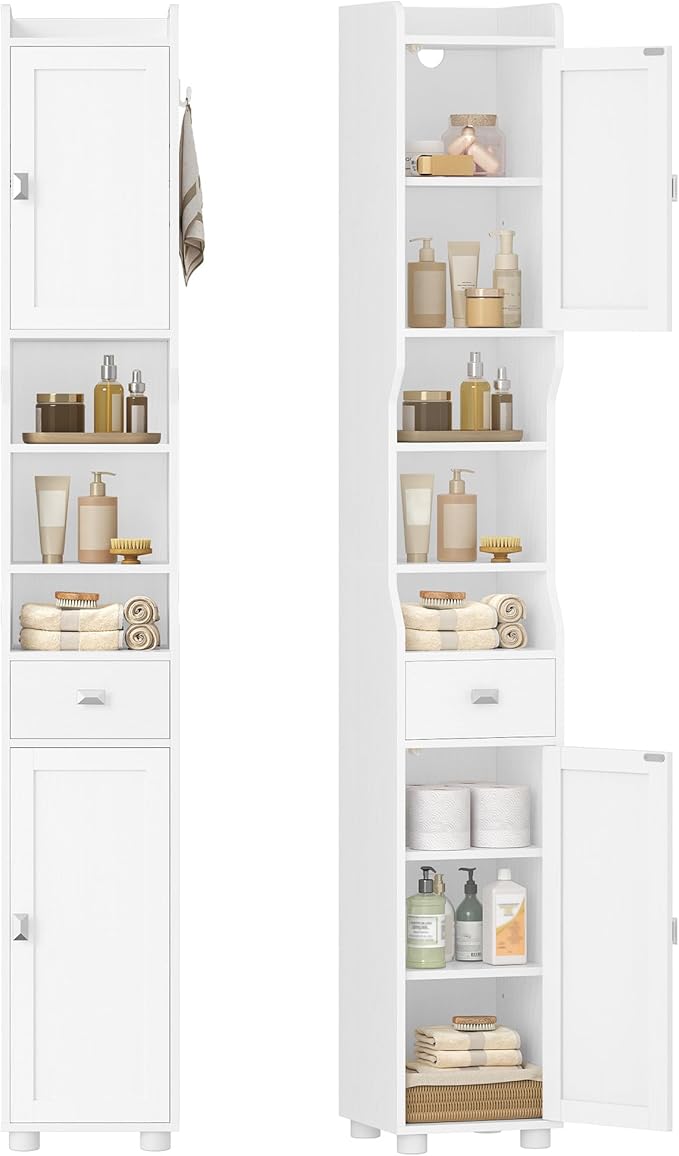 Bathroom Storage Cabinet, Tall Bathroom Cabinet, Freestanding Floor Cabinets with 2 Doors and 1 Drawer, Toilets Organizer with Adjustable Shelf, 1 Hook for Living Room, Kitchen, White 480013X