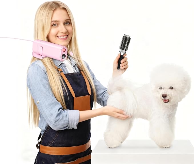 Pet Hair Dryer, Neck-Hanging Dog Dryer for Pet Grooming with 3 Speeds 4 Temp, Dog Blow Dryer for Small to Medium Pets with Stand, for Pet Salon Grooming,Powerful Airflow for Rapid Drying (Pink)