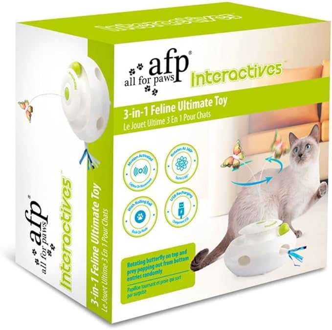 ALL FOR PAWS 3 in 1 Interactive Cat Butterfly Flutter Toy with Rolling Balls, Poping Feather Toy Automatic Kitten Spinner Toys, Mental Stimulation for Indoor Cats, USB Rechargeable Kitty Toys