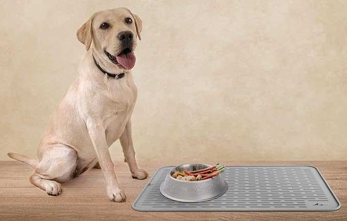 LuxPal Large 17X15 Premium Grade Silicone Dog & Cat Indoor or Outdoor Food Mat for Pets and Animals None Slip Food Tray Placemat for All Floors, Washable, Food Grade, (Grey)