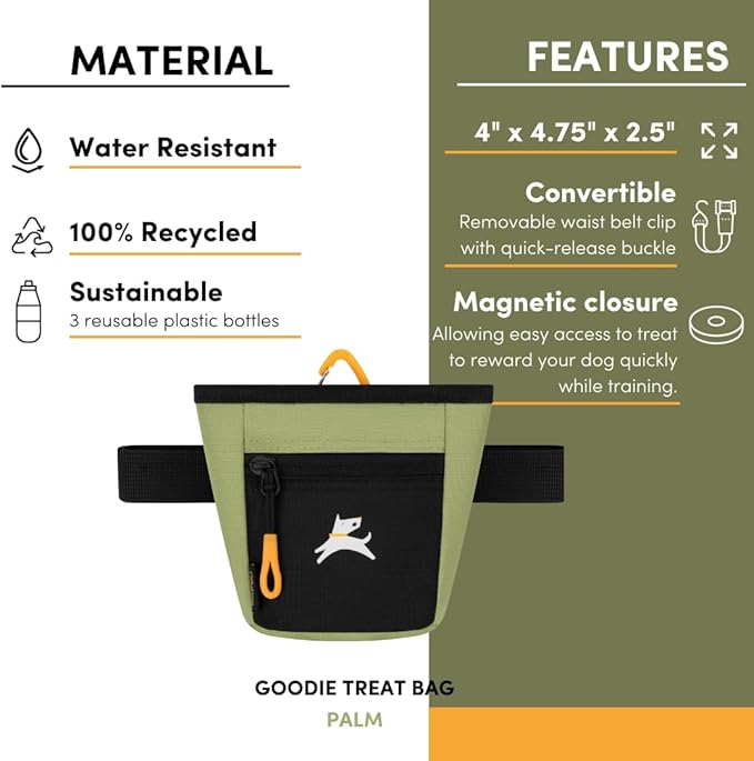 OllyDog Goodie Treat Bag, Dog Treat Pouch, Waist Belt Clip for Hands-Free Training, Magnetic Closure, Dog Training and Behavior Aids, Three Ways to Wear (Palm)