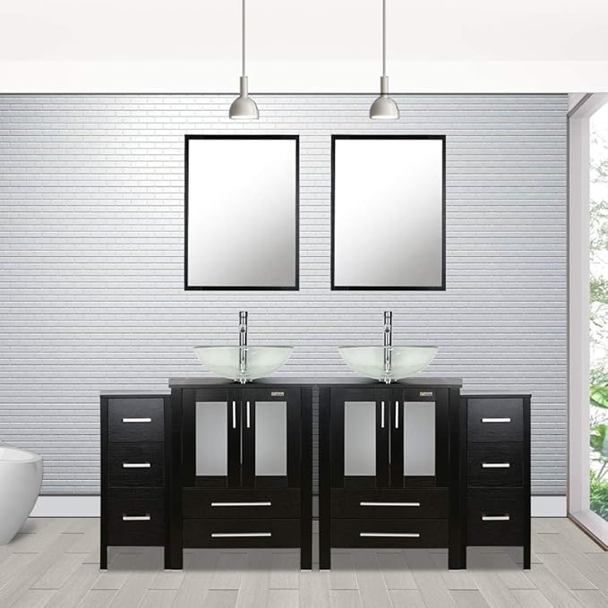 eclife 72" Modern Bathroom Vanity Sink Combo Freestanding Cabinet with Small Side Cabinet, Clear Round Glass Vessel Sink, Water Save Faucet, Drain (Black+A16)