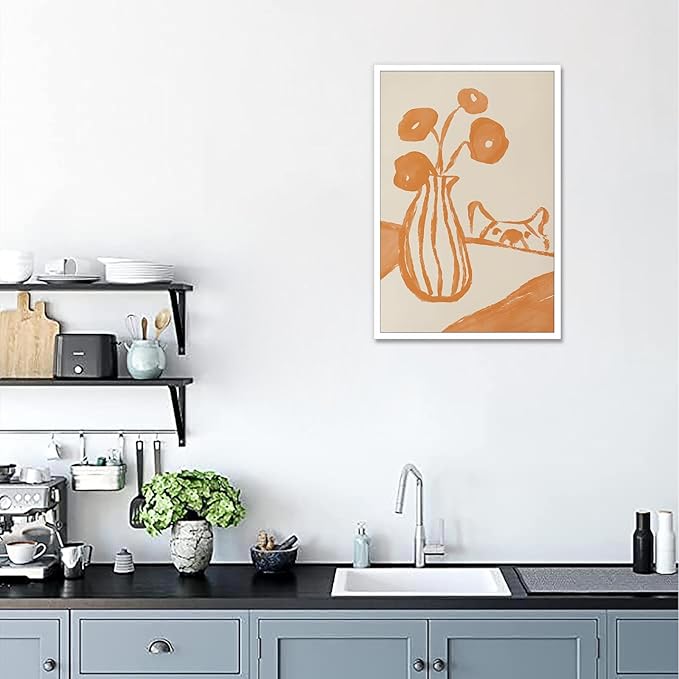 Funny Sneaky Dog Poster Retro Still Life Kitchen Canvas Wall Art Modern Abstract Floral Watercolor Animal Prints Painting For Living Room Kitchen Dining Room Wall Decor 12x16in Unframed