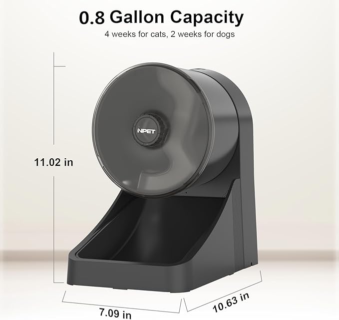 NPET 3L Automatic Cat Feeder, Wheel Shaped Dry Food Dispenser Timed Pet Feeder for Cats and Small Dogs, 1-6 Meals Per Day - Programmable Portion Control (Black, Basic Version)