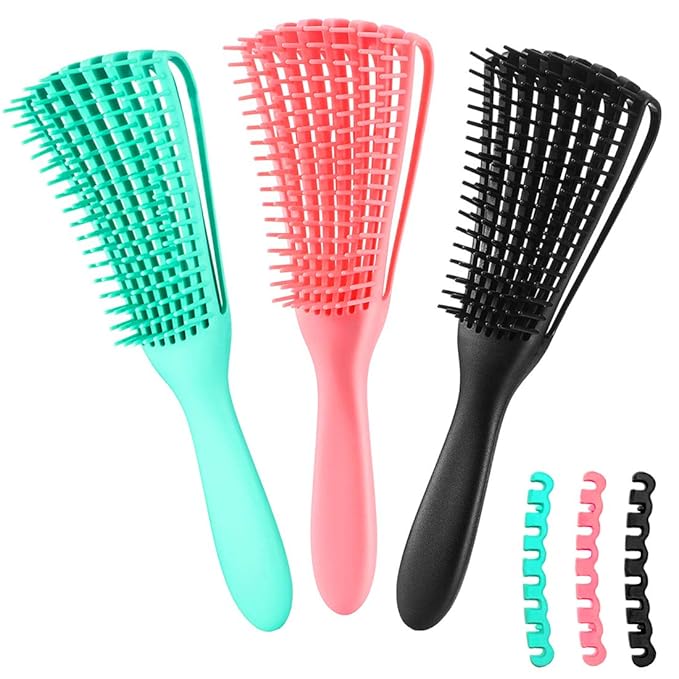 Detangling Brush for Textured 3a to 4c Kinky, Wavy, Curly, Coily Hair - Scalp Massager Comb for Afro, African Hair (2 pcs, Green-Pink)