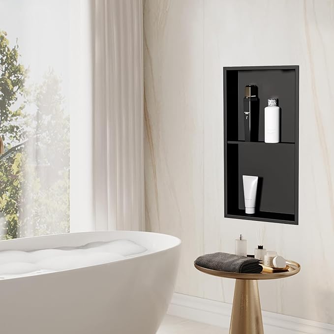 Homevacious 12"×24" Stainless Steel Shower Niche No Tile Needed Matte Black Double Shelves Bathroom Niche Shelf Rimless Recessed Wall Niche for Bathroom Storage
