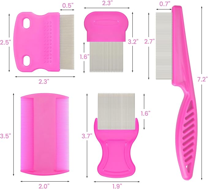 Flea Comb for Cats Dogs, 6 Pack Pet Lice Comb Set Pet Grooming Pets for Small, Medium & Large Pets(Pink)