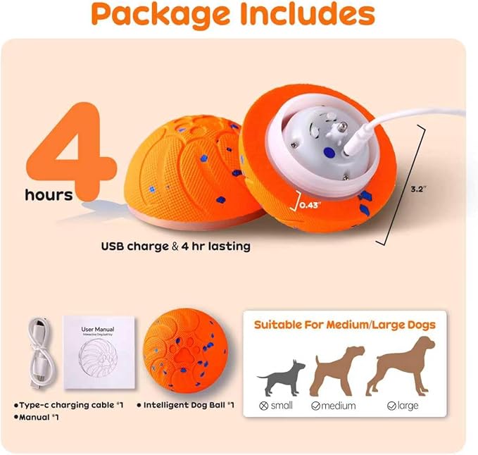 Smart Interactive Dog Toys, Upgraded Chew-Resistant E-TPU, Auto-Bounce & Rotating, Obstacle Avoidance, Ipx7 Waterproof with Colorful Led Lights for Indoor/Outdoor Use (Orange)