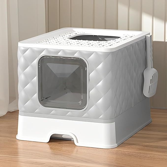 Gagee Foldable Cat Litter Box, Extra Large Front Entry Top Exit Box with Lid, Drawer Type Enclosed Kitty Scoop, Anti-Splashing Toilet Easy Cleaning,Grey