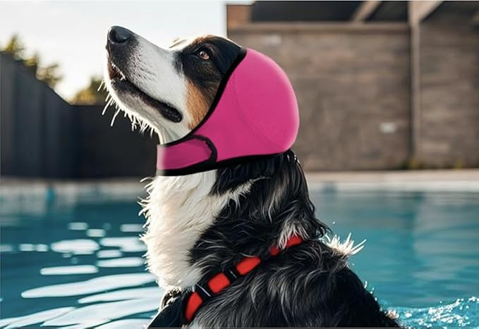 Dog Ear Covers,Dog Ear Muffs Noise Protection No Shake Head Wrap for Bath,Anxiety Relief Quiet Dogs Calming Hoodie,Adjustable Shower Cap Pet Ears for Grooming,Swimming,Hematoma(Fuchsia,S)