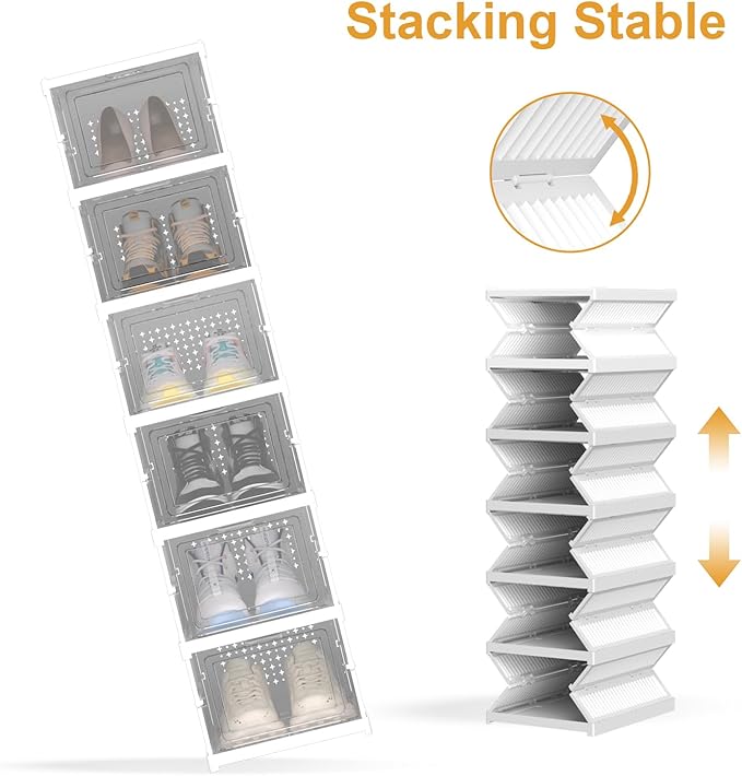 Foldable Shoe Storage Organizer, Stackable Boxes for Closet, Foldable Space-Saving Shoe Rack for Sneaker Boot Container, Acrylic Shoe Cabinet Shoe Box(6 Pack,White