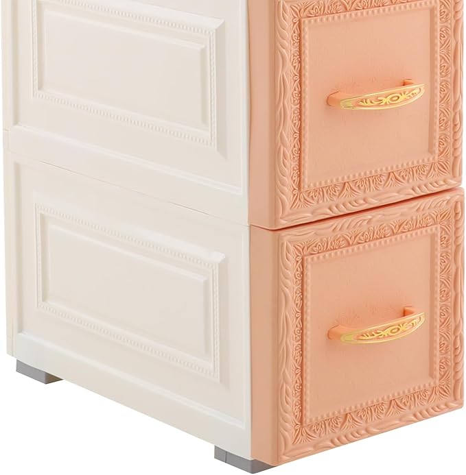 5-Tier Plastic Drawers Storage Dresser, 33"H Narrow Slim Storage Organizer Vertical Drawer Unit, Rolling Thin Storage Tower with Wheels for Small Spaces Gaps Home Furniture (Orange)