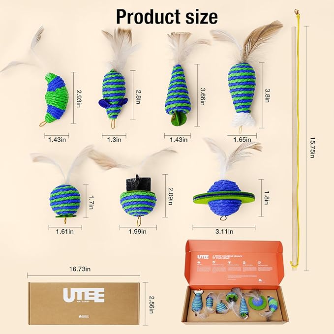 UTEE Cat Feather Wand Toy Set – Interactive Teaser Wand with 7 Replacement Feather Heads, Eco-Friendly Rope Design, Stimulating Indoor Play for Exercise & Bonding (Blue & Green)