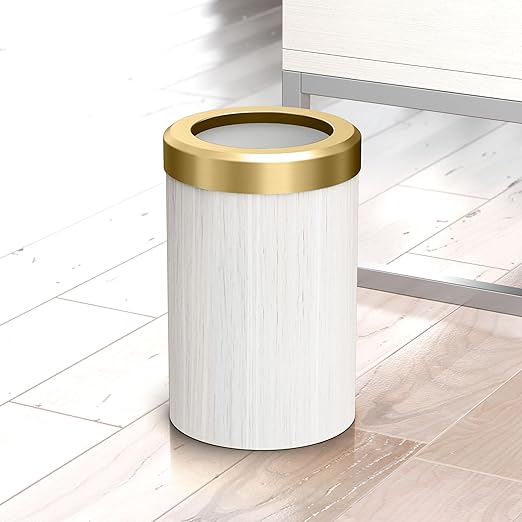 Gatco Small Bathroom Trash Can with Lid, Round 3 Gallon Wastebasket, Under Sink, White Oak with Brushed Brass, for Bathroom, Bedroom, Office (1932B)