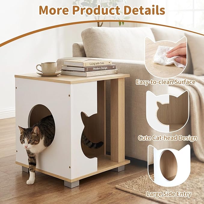 PETSITE Wooden Cat House, Indoor Cat Cave Nightstand Side End Table with Anti-Slip Robust Metal Legs, Spacious Tabletop, and Round Side Entrance, 17 x 16 x 19.5 Inches