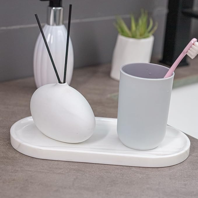 Marble Tray 9.8”x4.7”x0.6”| Oval Stone Tray for Kitchen Counter, Bathroom Vanity & Jewelry Organization – Natural Durable Marble Design (Star White)