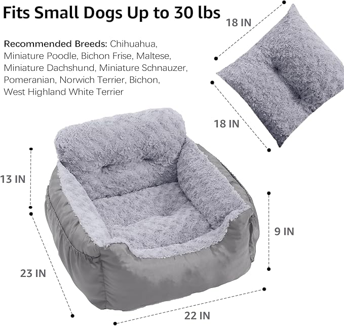 Small Dog Car Seat - Washable Pet Booster Seat with Clip-On Safety Leash, Comfy Plush Carseat with Pockets, Puppy Travel Carrier Bed for Dogs Under 25 lbs, Light Grey