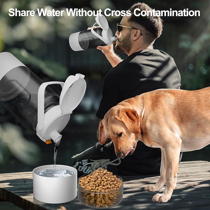 53oz Large Dog Water Bottle with Water & Food Bowl, 3-in-1 Portable Pet Feeding & Hydration Dispenser for Large Dogs & Humans, Leak-Proof Tritan Bottle for Hiking, Camping, Walking, Car Trips