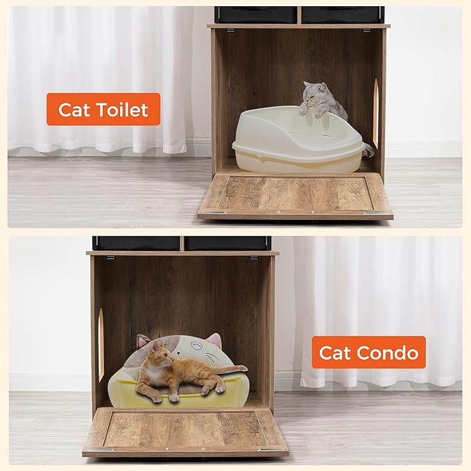 Dwanton Litter Box Enclosure with 2 Storage Shelves and 2 Drawers, 2-in-1 Hidden Cat Litter Box Enclosure Furniture with Shelf, Reversible Entrance, Washable Drawers, 50-Inch, Greige