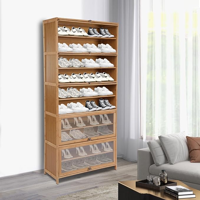 10 Tiers Bamboo Shoe Cabinet with Flip Doors, Large Freestanding Shoe Rack for Entryway, Shoe Shelves Organizer for Closet Hallway Bedroom