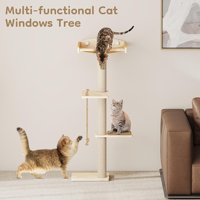Cat Window Perch with Scratching Post, 47" Adjustable Window Perch for Large Cats with Hammock, Sisal Scratching Posts, Suction Cups, Multi-Level Cat Tree for Climbing, Sunbath, Bird Watching