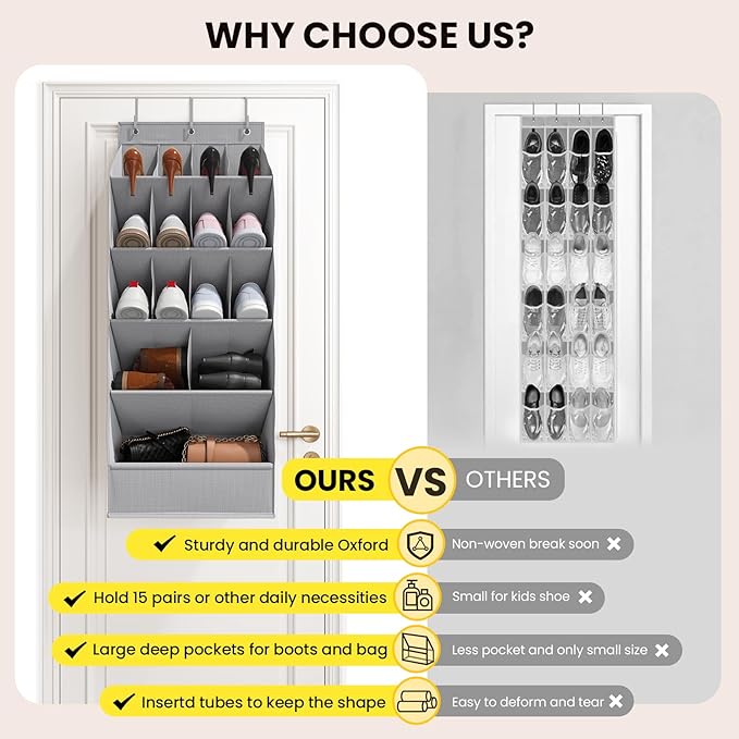 15 Pockets Over the Door Shoe Organizer, Shoe Rack for Closet Door with Large Breathable Pockets, Hanging Shoes Rack for Boots Size, Behind the Door Organizer Shoe Holder for Flexible Storage, Grey 