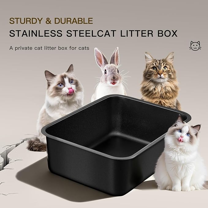 Stainless Steel Cat Litter Box - Large Metal High Sided Litter Pan, Non-Stick & Odor-Free, Easy to Clean, Anti-Leakage Pet Toilet for Cats/Kittens/Rabbits(17.7" L x 13.8" W x 6" H)