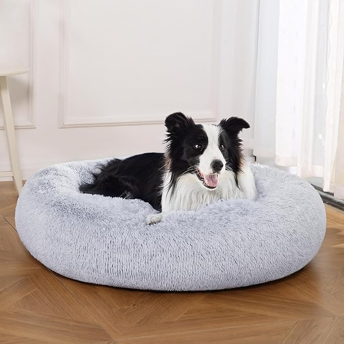 Amazon Basics Donut Pet Bolster Faux Fur Bed for Dog, Grey, 36" x 36"