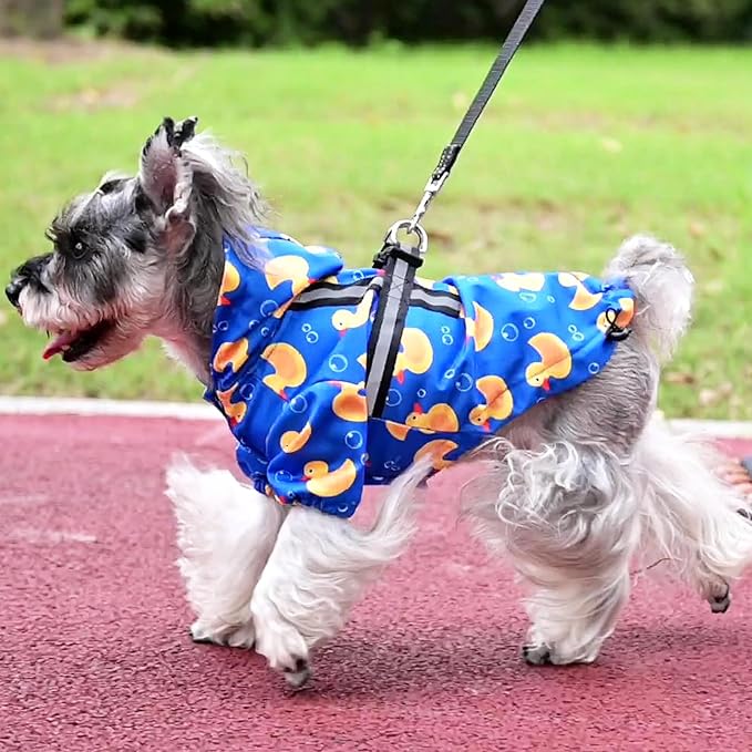 PUPTECK Dog Raincoat with Hood & Harness Built-in, Waterproof Dog Rain Jacket Slicker Poncho Reflective Vest Clothes for Rainy Snowy Winter Cold Days, Blue Duck M